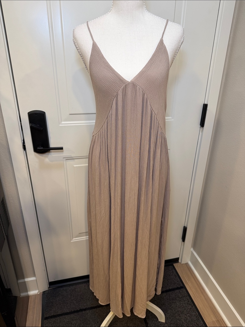 Sleeveless Taupe Maxi Slip Dress with V-Neck